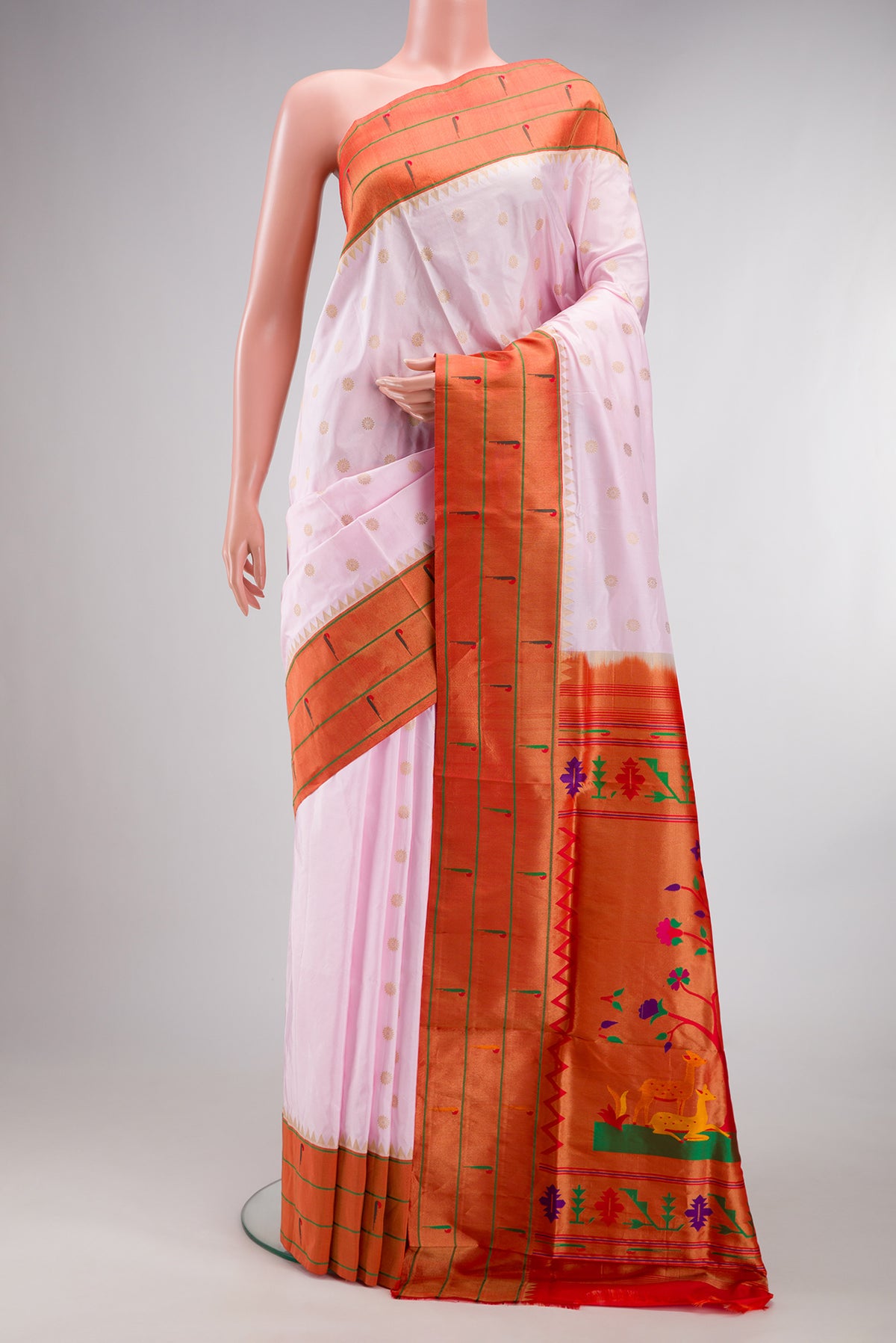 Pure Silk Rose pink Paithani Saree with Zari Butta on the body and Paithani Border.  displayed on a mannequin