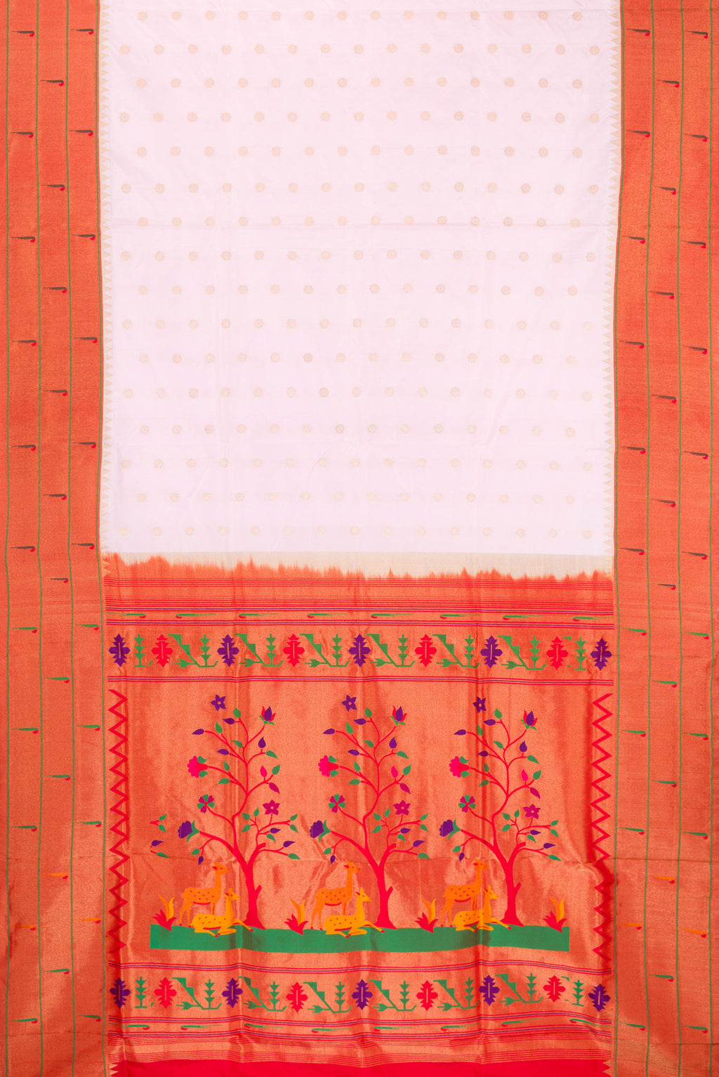 Flat view of Pure Silk Rose pink Paithani Saree with Zari Butta on the body and Paithani Border. 