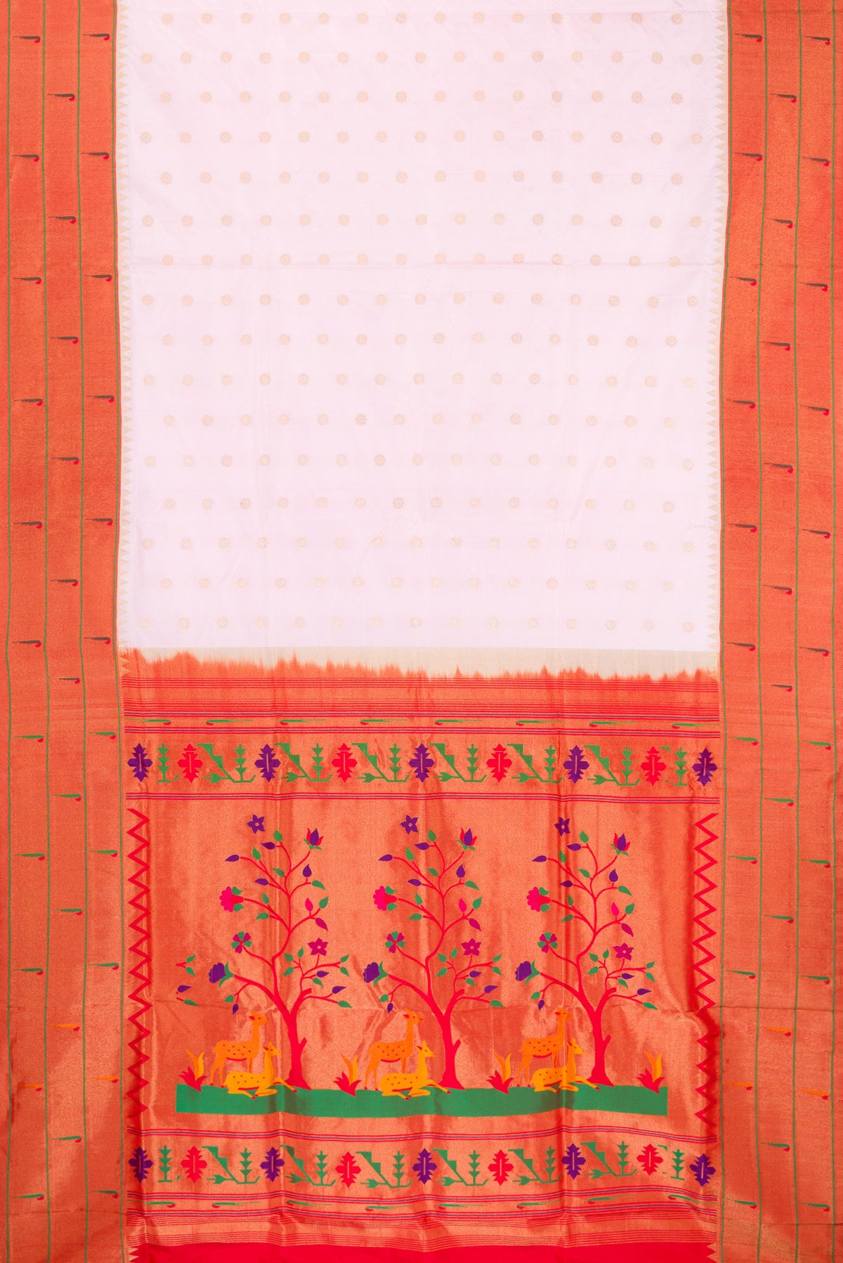 Flat view of Pure Silk Rose pink Paithani Saree with Zari Butta on the body and Paithani Border. 