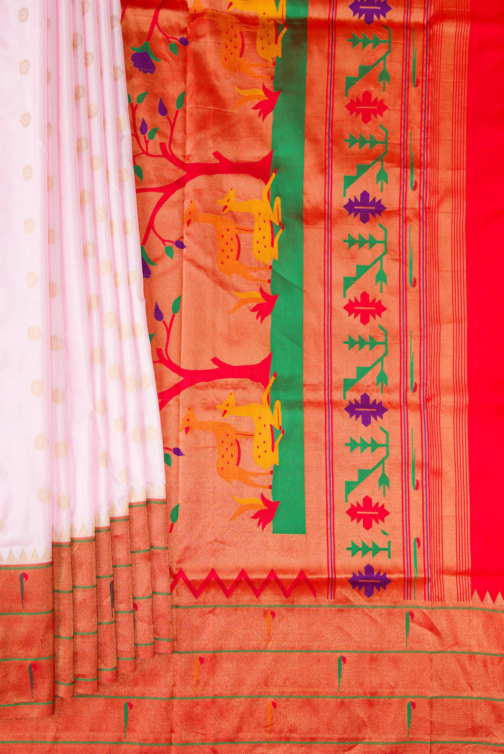 Pleats and pallu of Pure Silk Rose pink Paithani Saree with Zari Butta on the body and Paithani Border. 
