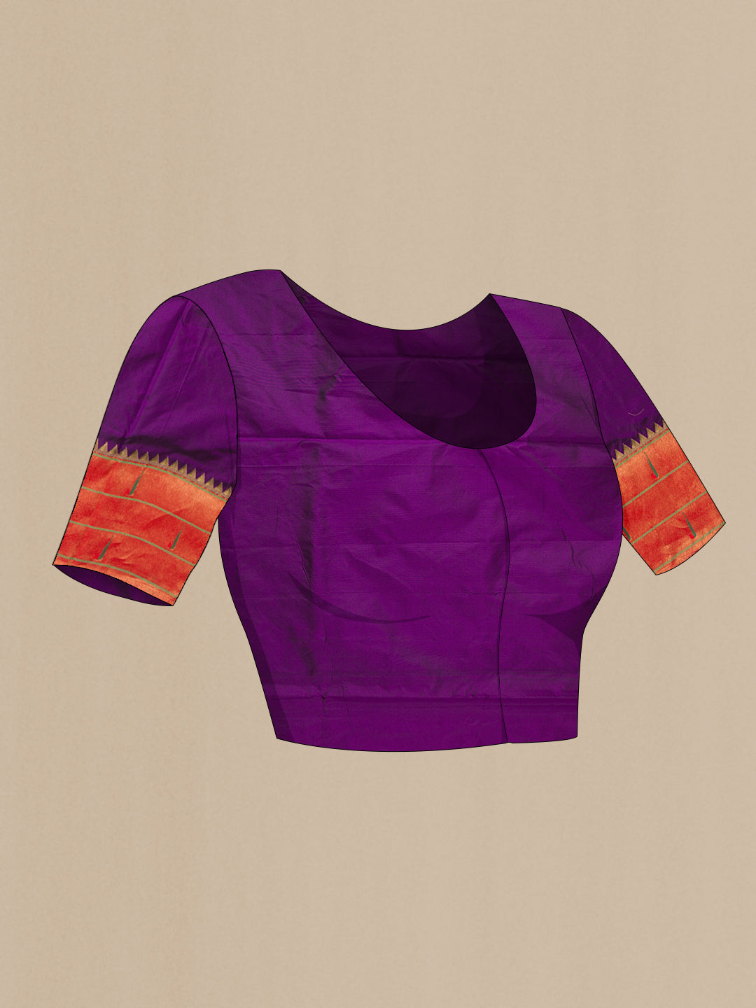Close up image of the blouse of Pure Silk Violet Paithani Saree with Zari Butta on the body and Paithani Border. 