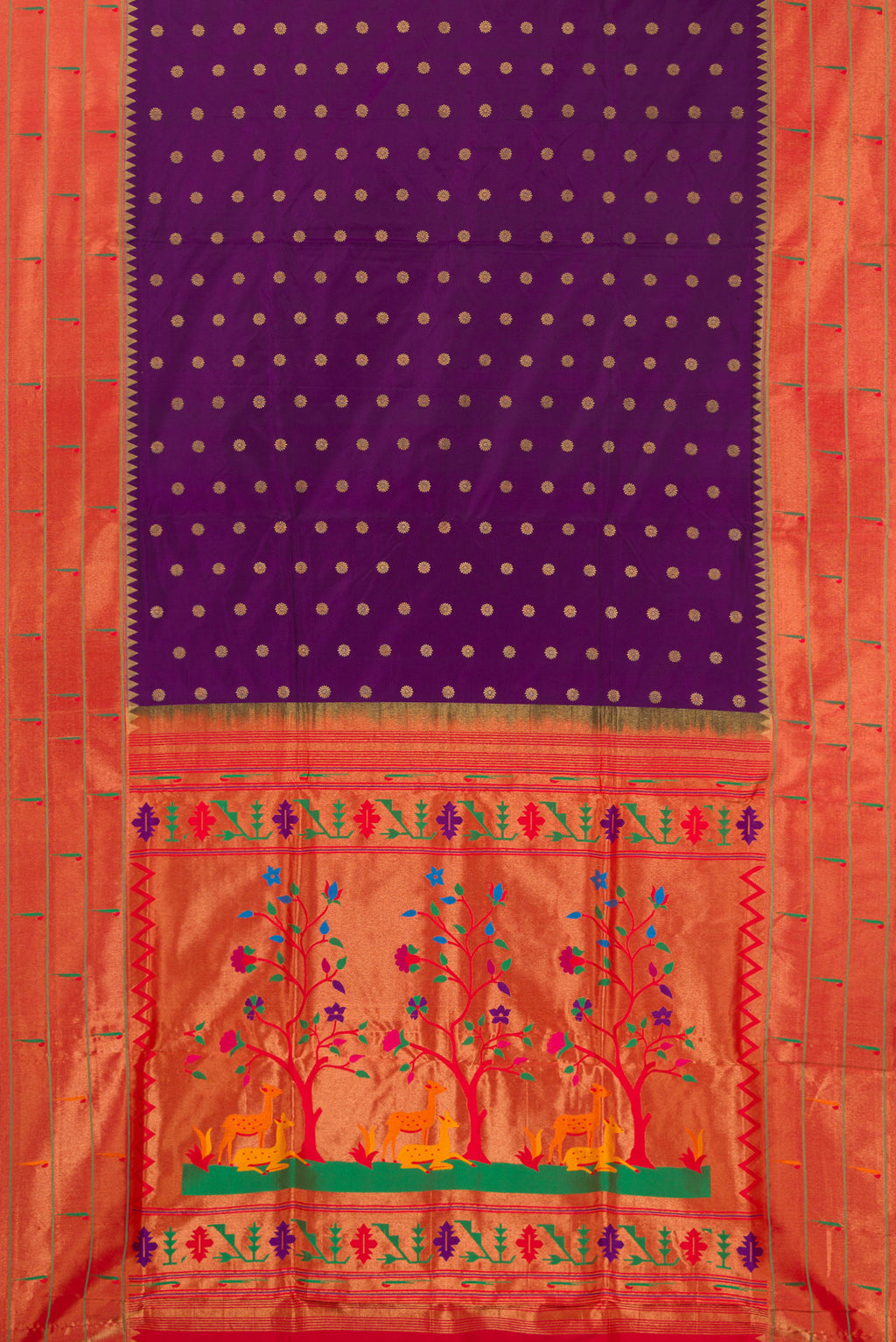 Flat view of Pure Silk Violet Paithani Saree with Zari Butta on the body and Paithani Border. 