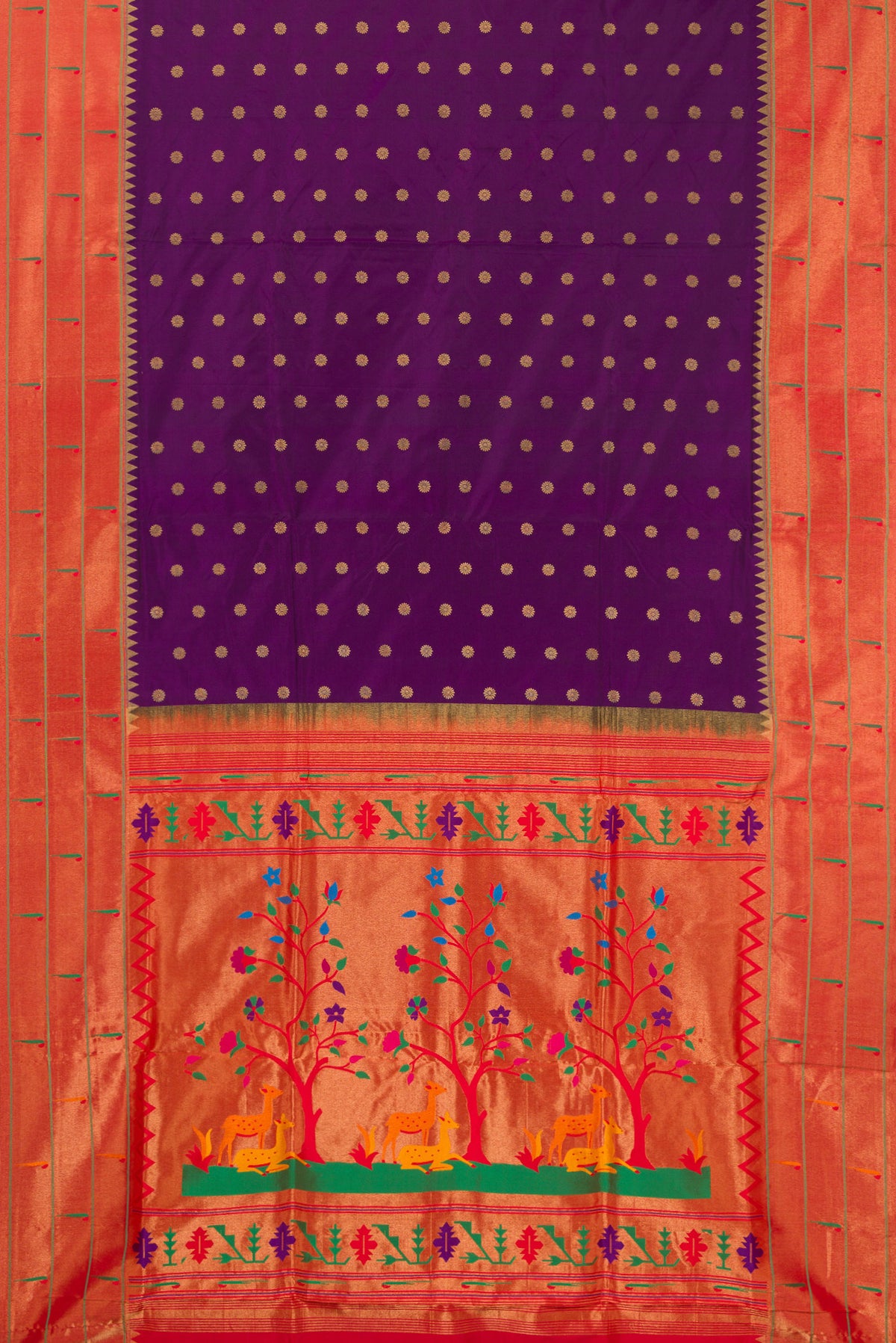 Flat view of Pure Silk Violet Paithani Saree with Zari Butta on the body and Paithani Border. 