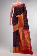 Pure Silk Coffee Brown Paithani Saree with Zari And Thread Butta on the body and Paithani Border.  displayed on a mannequin