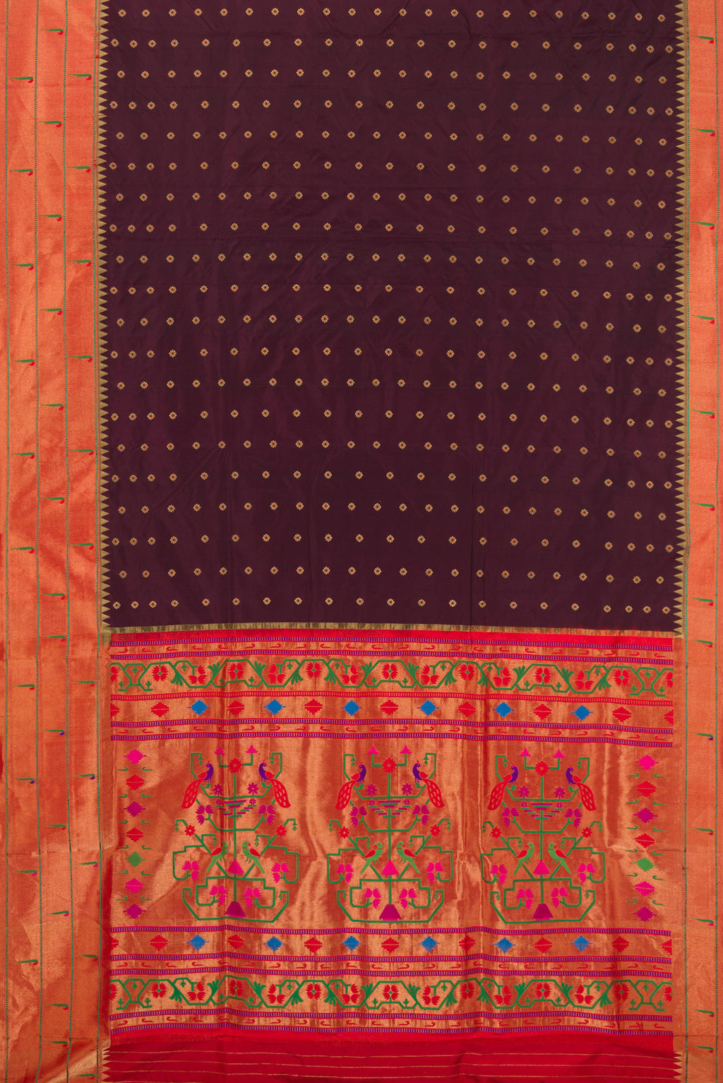 Flat view of Pure Silk Coffee Brown Paithani Saree with Zari And Thread Butta on the body and Paithani Border. 