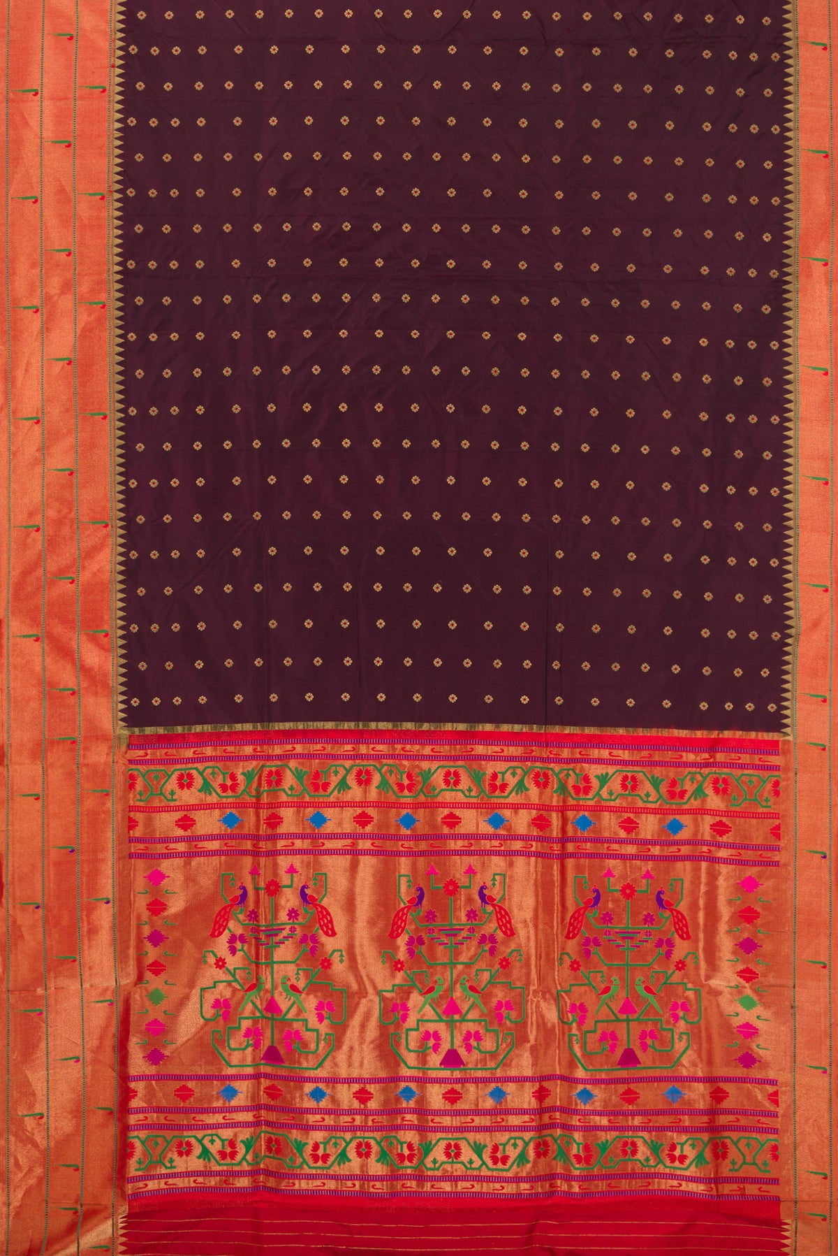 Flat view of Pure Silk Coffee Brown Paithani Saree with Zari And Thread Butta on the body and Paithani Border. 