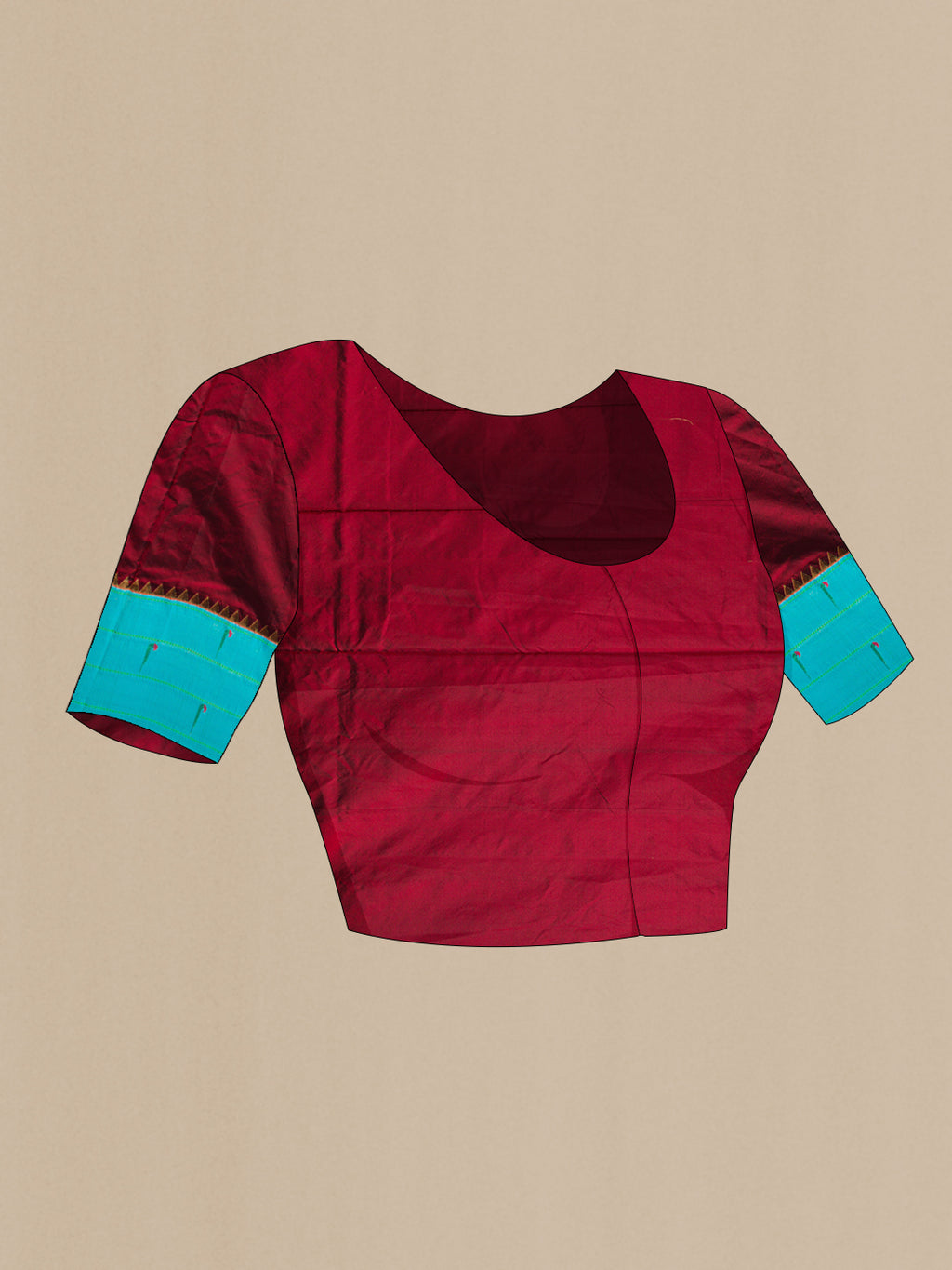 Close up image of the blouse of Pure Silk Maroon Paithani Saree with Zari And Thread Butta on the body and Paithani Border. 