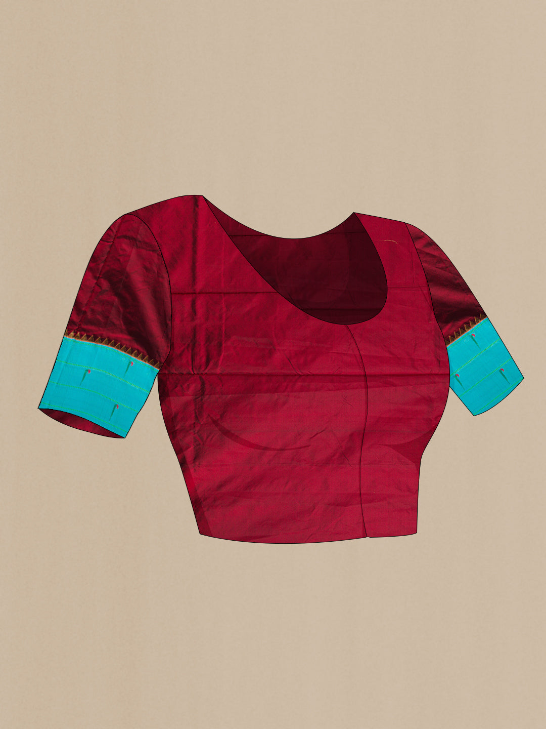 Close up image of the blouse of Pure Silk Maroon Paithani Saree with Zari And Thread Butta on the body and Paithani Border. 