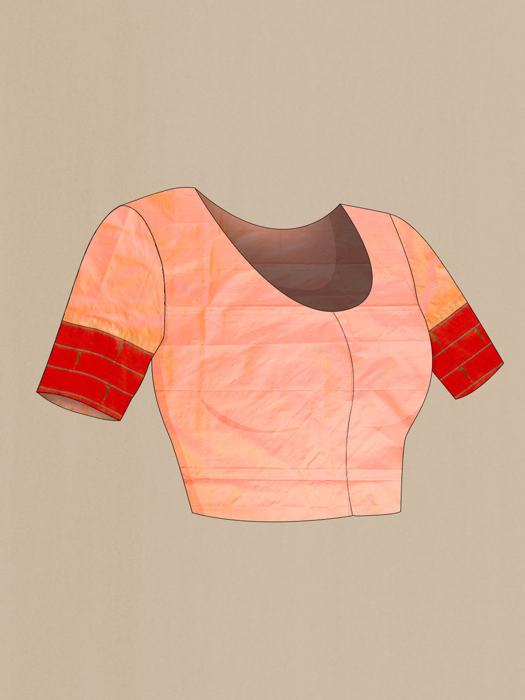 Close up image of the blouse of Pure Silk Peach Dual Tone Paithani Saree with Zari Butta on the body and Paithani Border. 