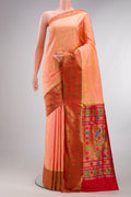 Pure Silk Peach Dual Tone Paithani Saree with Zari Butta on the body and Paithani Border.  displayed on a mannequin