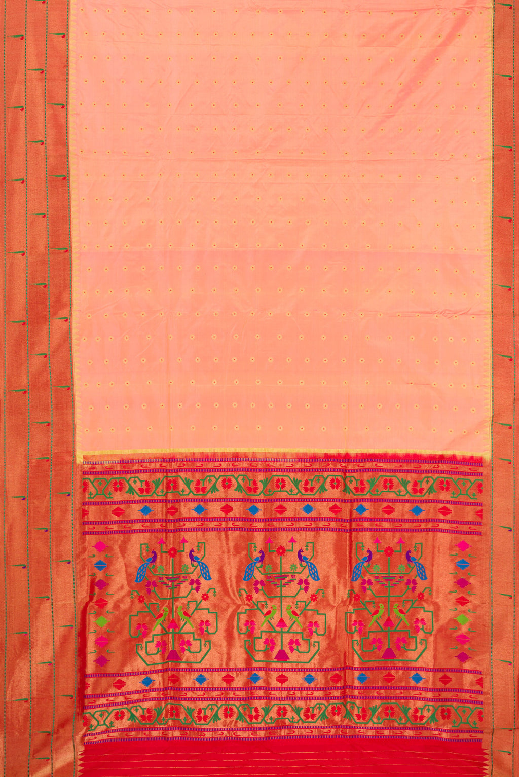 Flat view of Pure Silk Peach Dual Tone Paithani Saree with Zari Butta on the body and Paithani Border. 