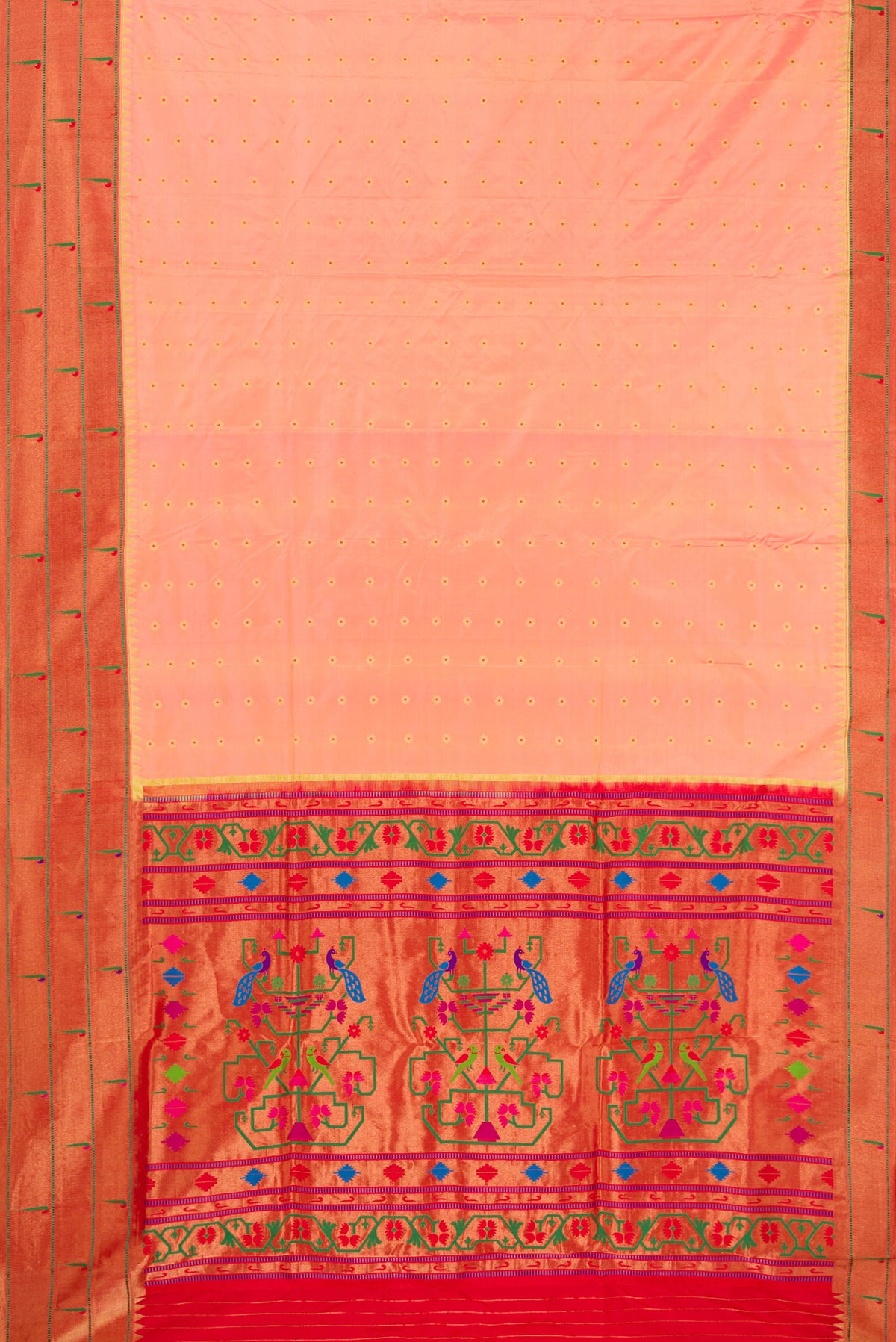 Flat view of Pure Silk Peach Dual Tone Paithani Saree with Zari Butta on the body and Paithani Border. 