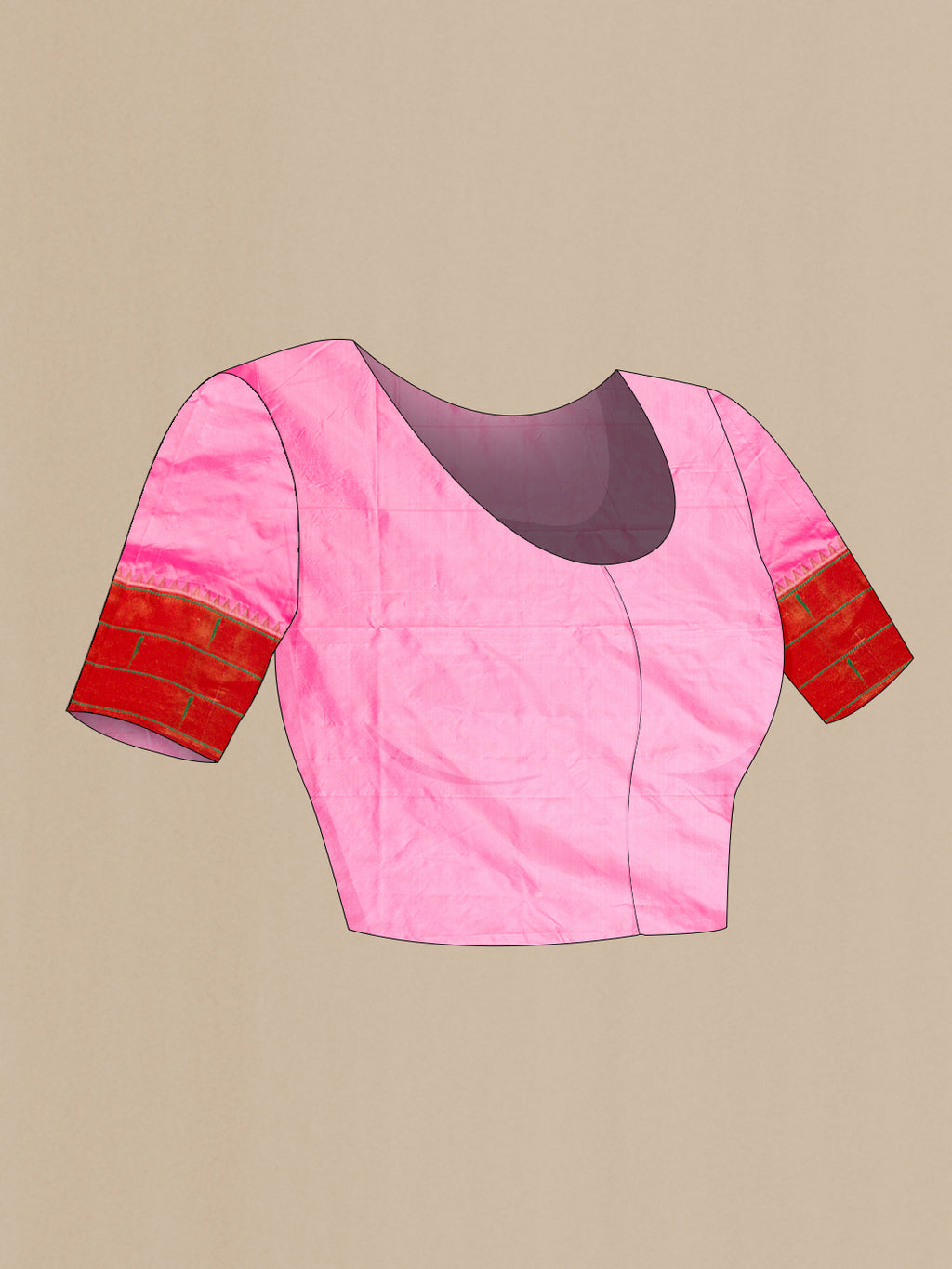Close up image of the blouse of Pure Silk Rose pink Paithani Saree with Zari And Thread Butta on the body and Paithani Border. 