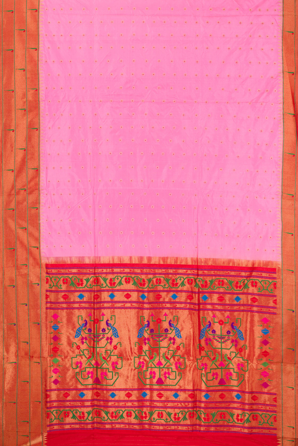 Flat view of Pure Silk Rose pink Paithani Saree with Zari And Thread Butta on the body and Paithani Border. 