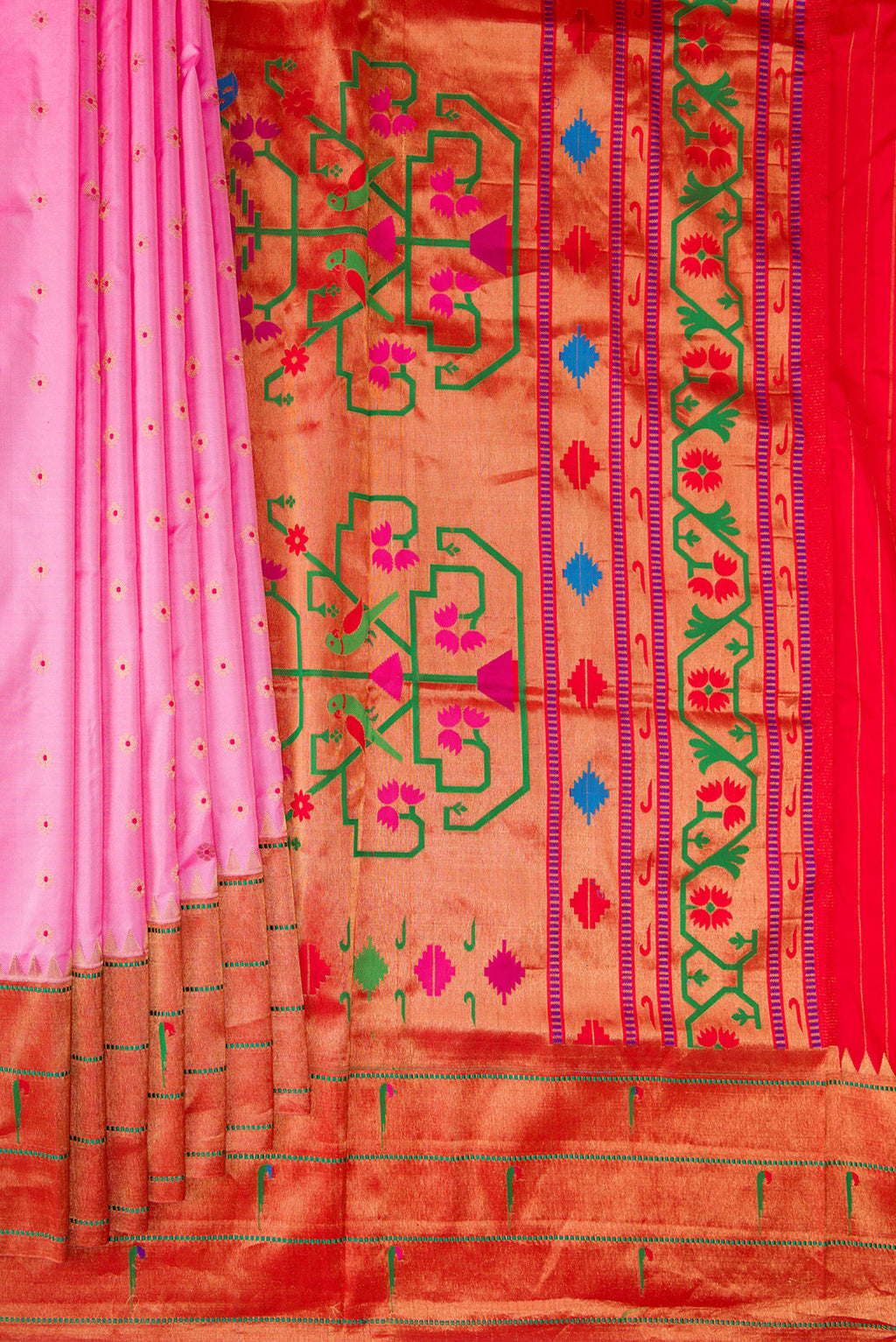 Pleats and pallu of Pure Silk Rose pink Paithani Saree with Zari And Thread Butta on the body and Paithani Border. 