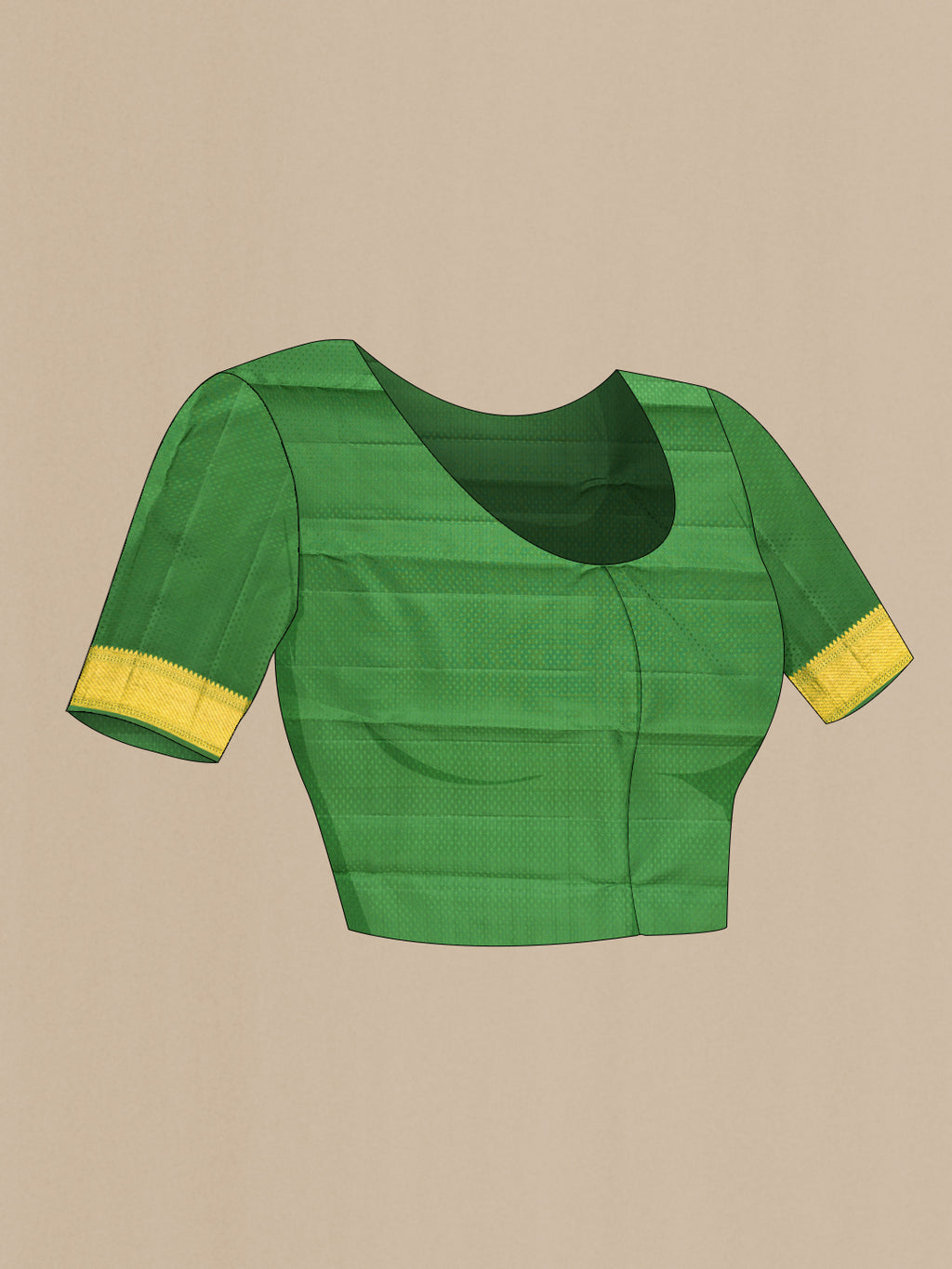 Close up image of the blouse of Pure Silk Green Kanjivaram Saree with Jacquard design on the body and Zari Border. 