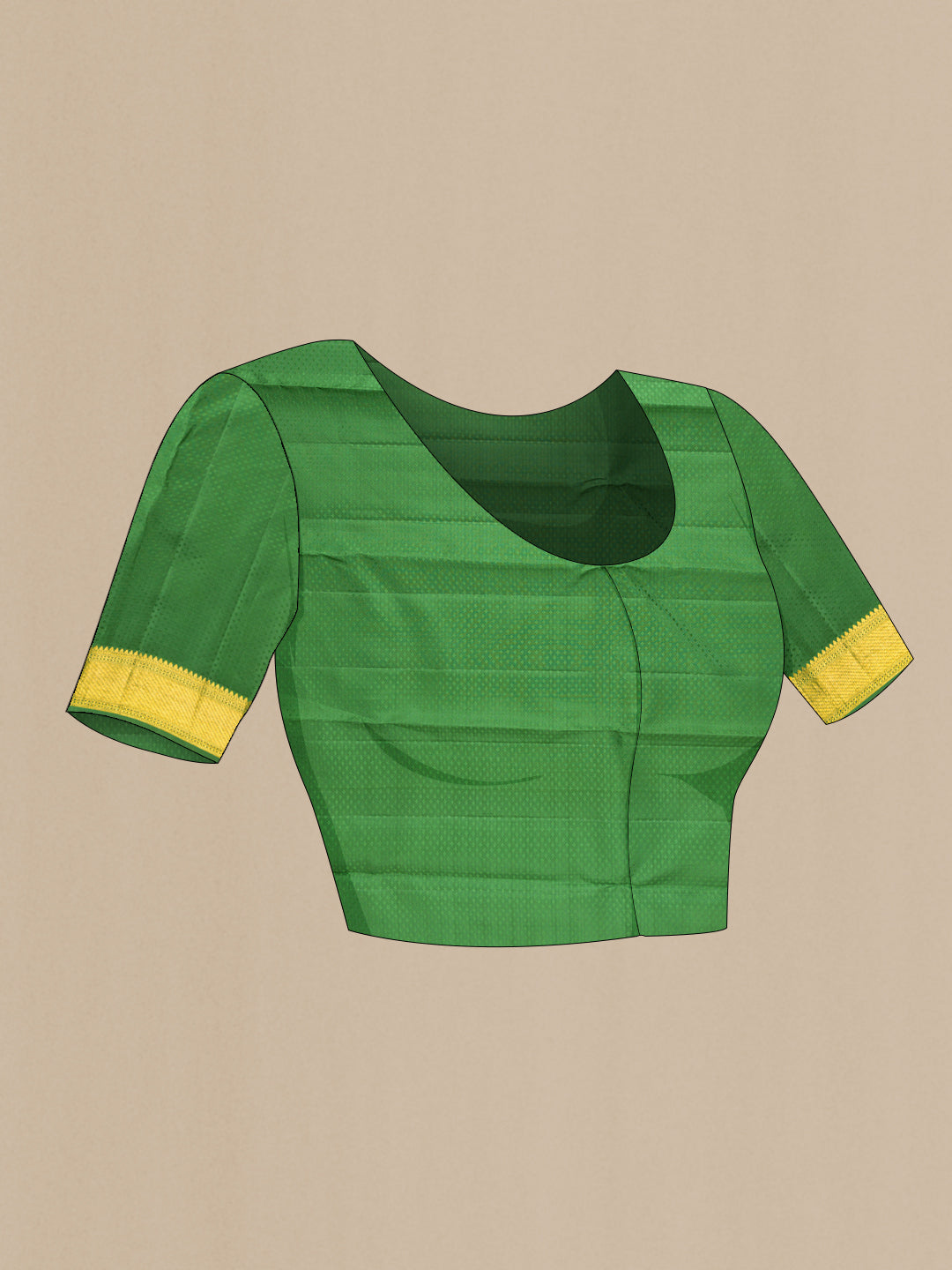 Close up image of the blouse of Pure Silk Green Kanjivaram Saree with Jacquard design on the body and Zari Border. 