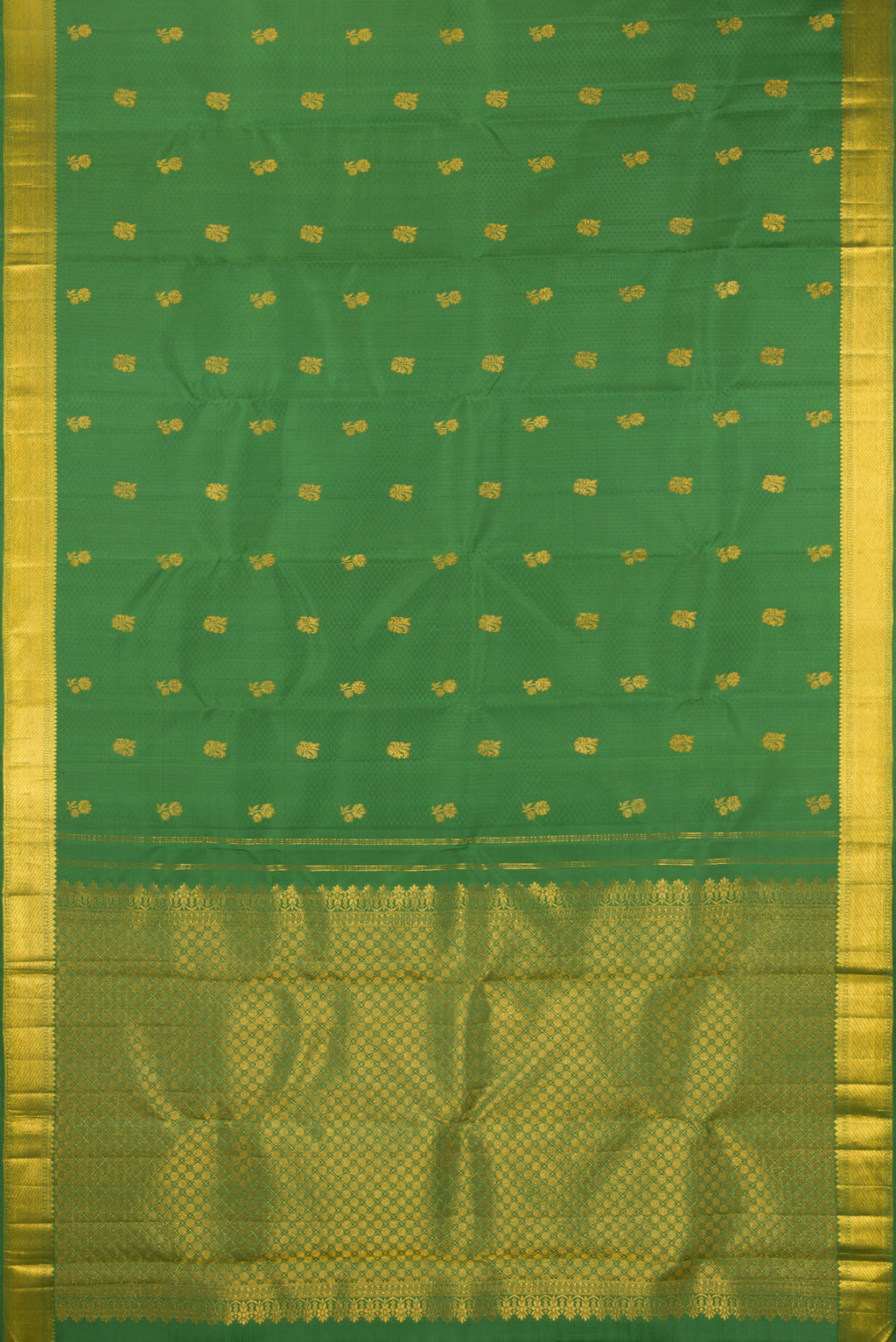 Flat view of Pure Silk Green Kanjivaram Saree with Jacquard design on the body and Zari Border. 