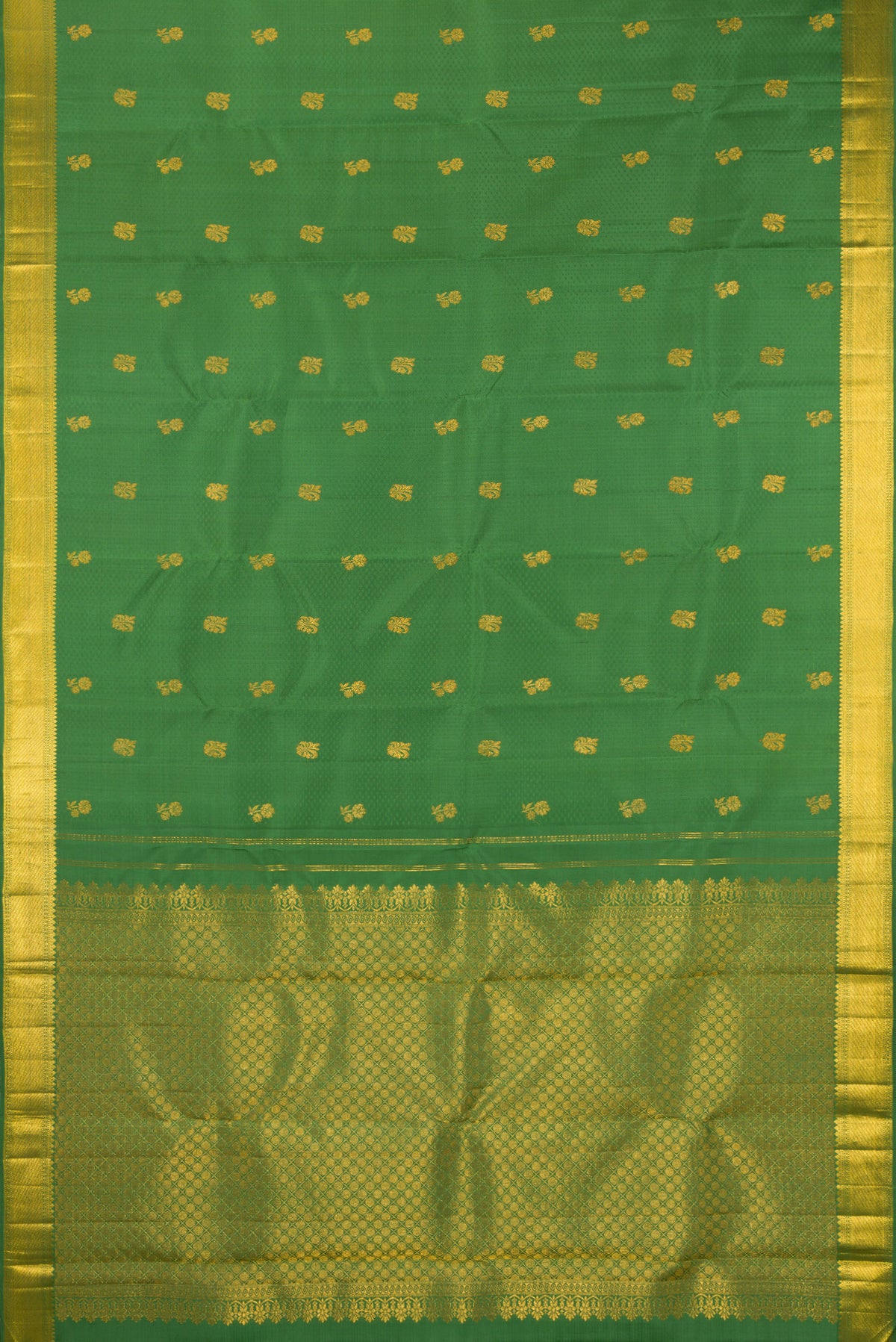 Flat view of Pure Silk Green Kanjivaram Saree with Jacquard design on the body and Zari Border. 
