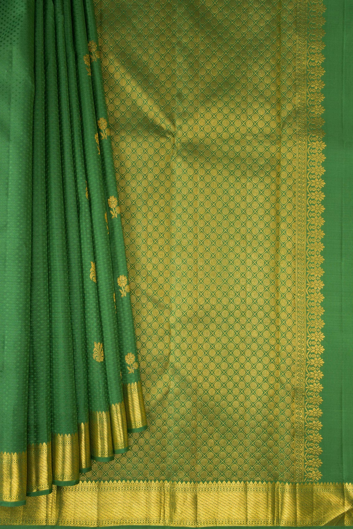 Pleats and pallu of Pure Silk Green Kanjivaram Saree with Jacquard design on the body and Zari Border. 
