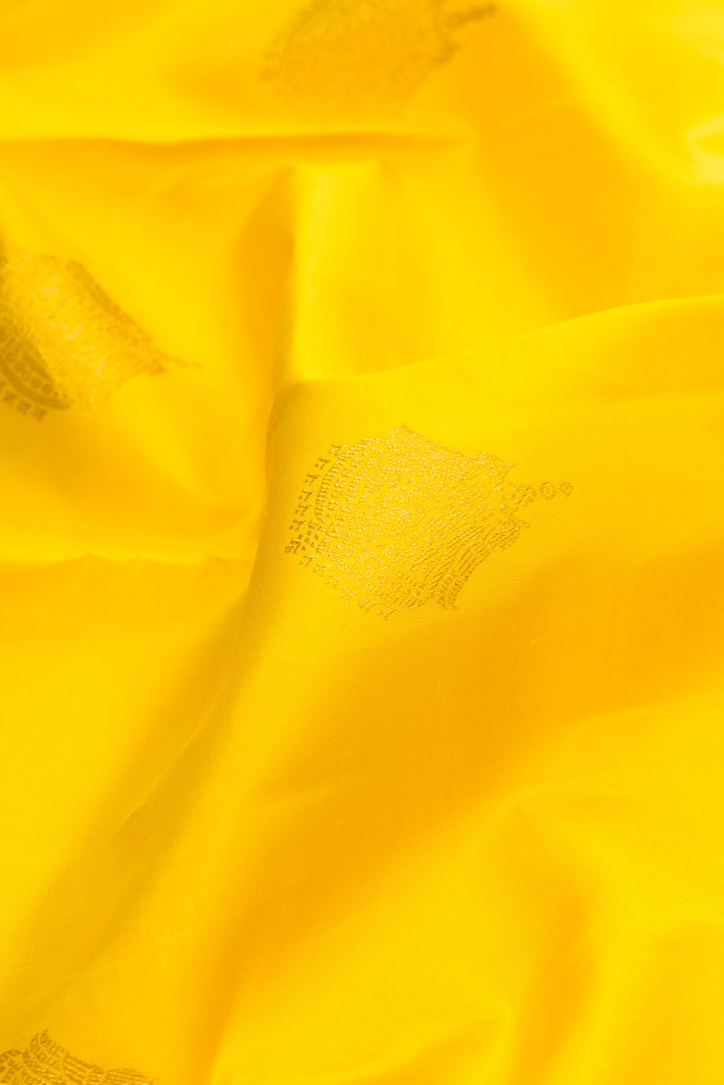 Close up of Pure Silk Yellow Kanjivaram Saree with Zari Butta on the body and Zari Border.  displaying folds