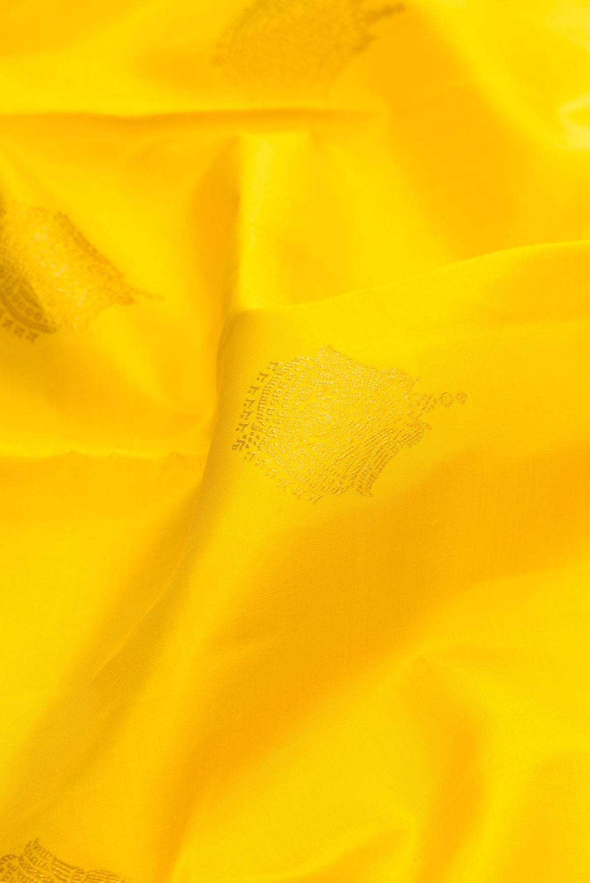 Close up of Pure Silk Yellow Kanjivaram Saree with Zari Butta on the body and Zari Border.  displaying folds