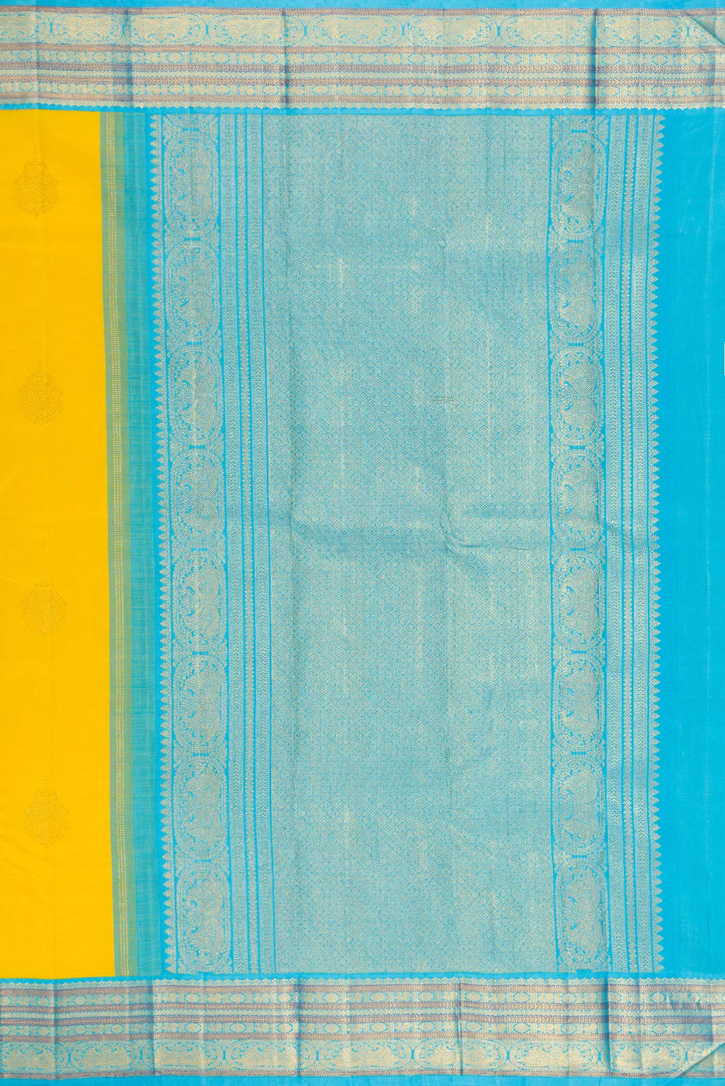 Close up image of the pallu of Pure Silk Yellow Kanjivaram Saree with Zari Butta on the body and Zari Border. 
