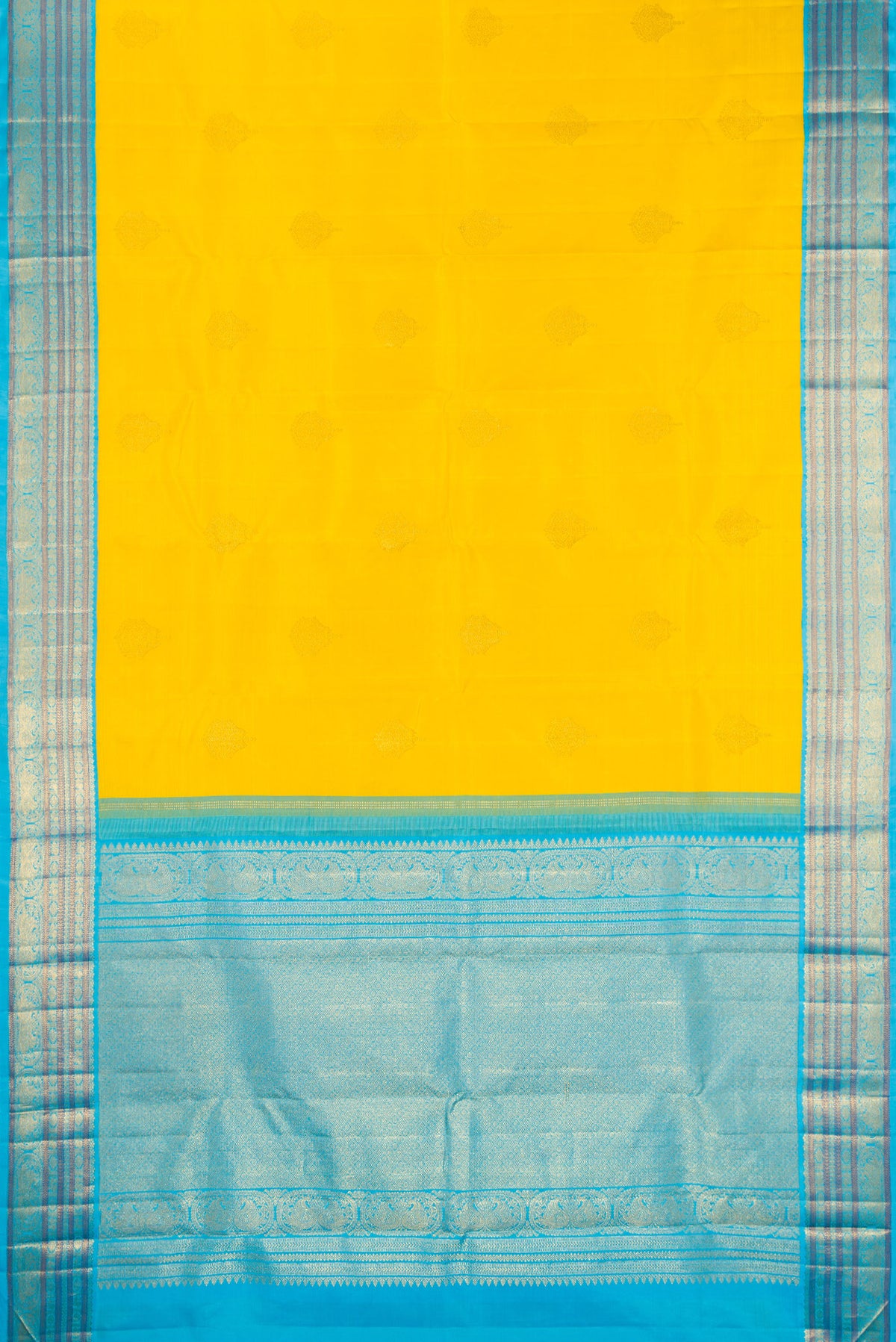 Flat view of Pure Silk Yellow Kanjivaram Saree with Zari Butta on the body and Zari Border. 