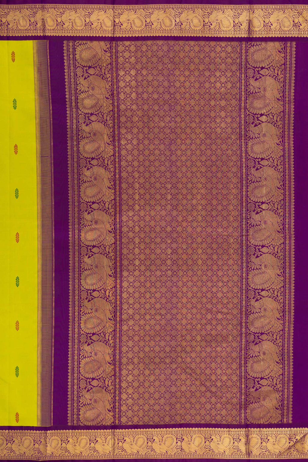 Close up image of the pallu of Pure Silk Green Dual Tone Kanjivaram Saree with Thread Butta on the body and Zari Border. 