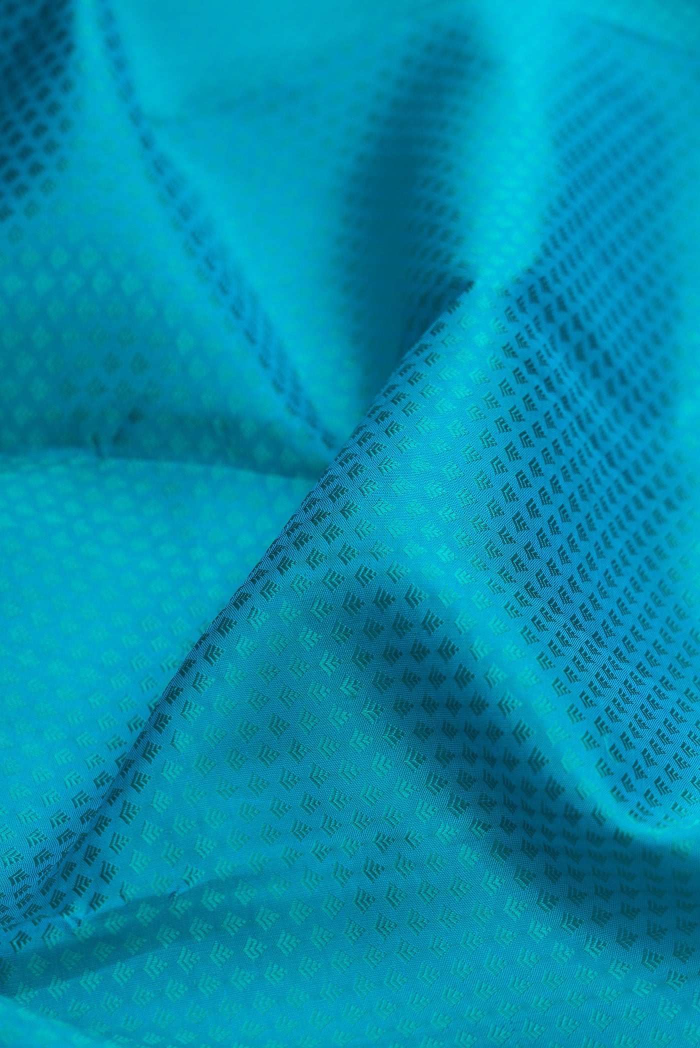 Close up of Pure Silk Peacock Blue Kanchipuram Saree with Jacquard design on the body and Zari Border.  displaying folds