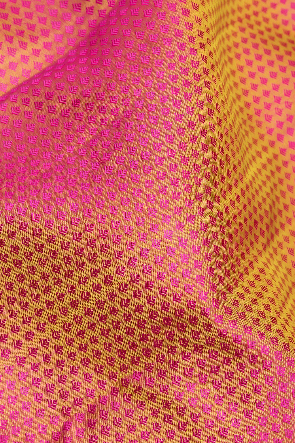 Close up of Pure Silk Pure Zari Pinkish Yellow Dual Tone Kanchipuram Saree with Jacquard design on the body and Zari Border.  displaying folds