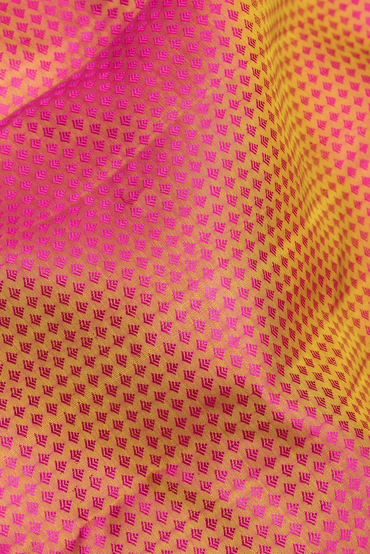 Close up of Pure Silk Pure Zari Pinkish Yellow Dual Tone Kanchipuram Saree with Jacquard design on the body and Zari Border.  displaying folds