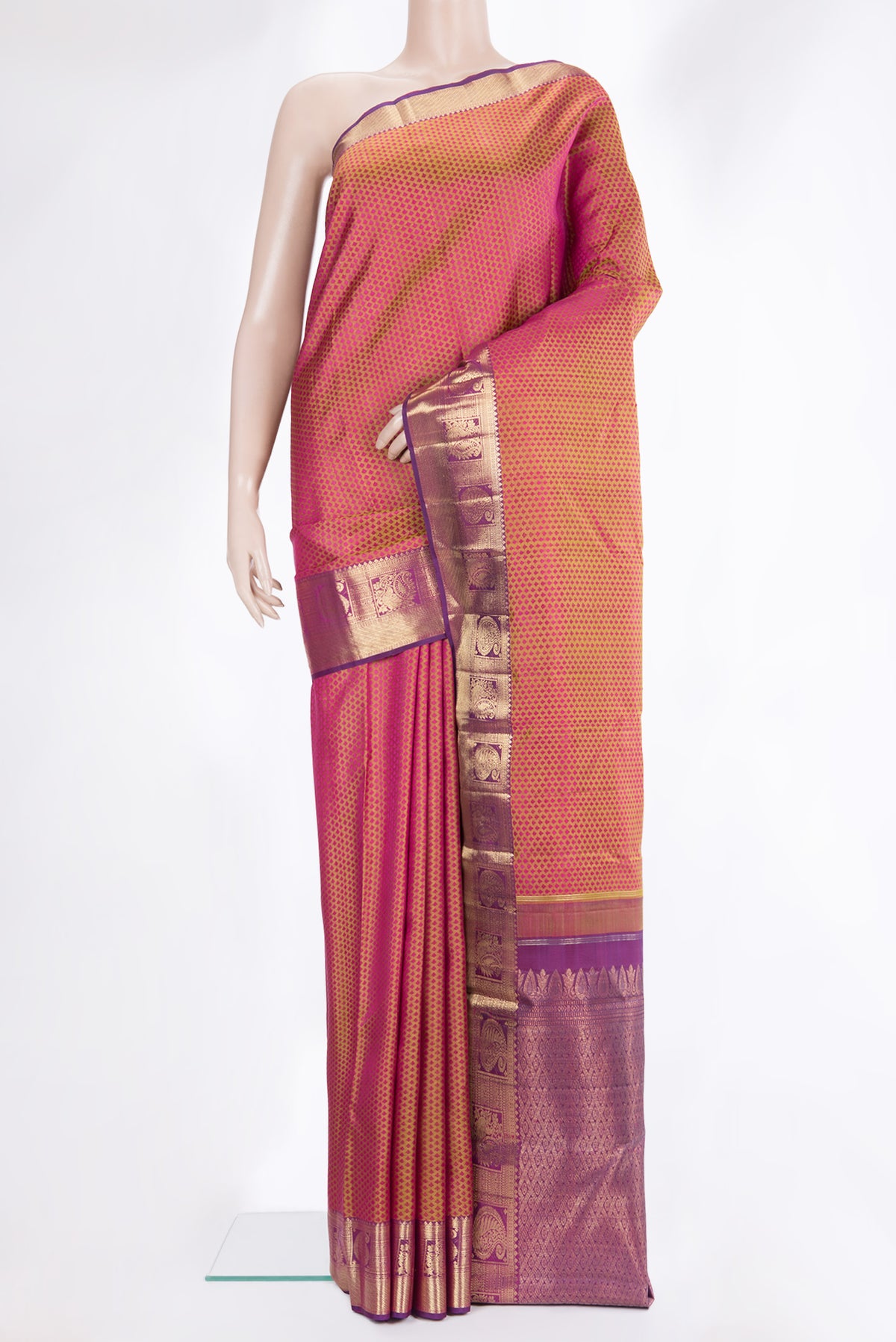 Pure Silk Pure Zari Pinkish Yellow Dual Tone Kanchipuram Saree with Jacquard design on the body and Zari Border.  displayed on a mannequin