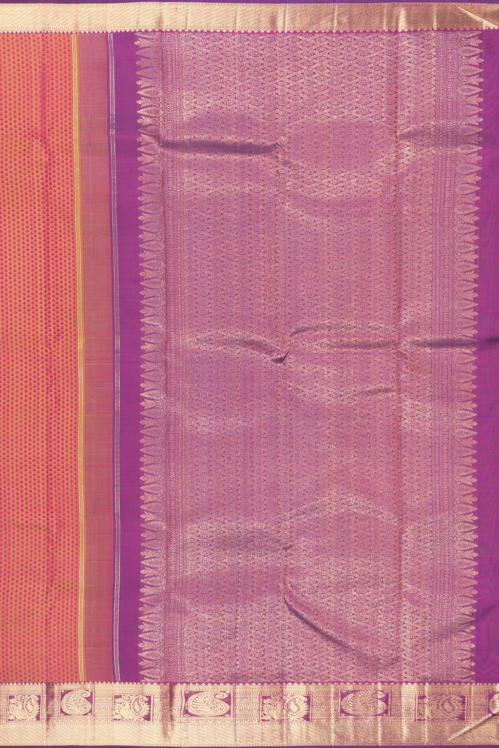 Close up image of the pallu of Pure Silk Pure Zari Pinkish Yellow Dual Tone Kanchipuram Saree with Jacquard design on the body and Zari Border. 