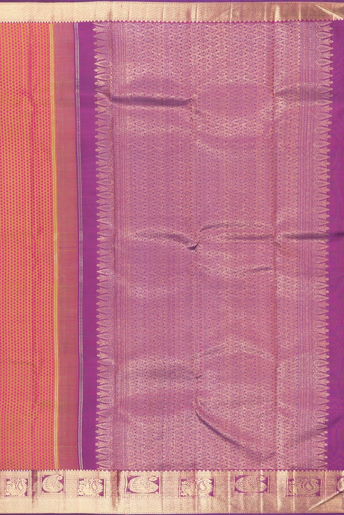 Close up image of the pallu of Pure Silk Pure Zari Pinkish Yellow Dual Tone Kanchipuram Saree with Jacquard design on the body and Zari Border. 