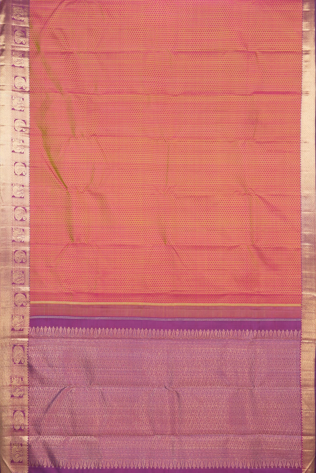 Flat view of Pure Silk Pure Zari Pinkish Yellow Dual Tone Kanchipuram Saree with Jacquard design on the body and Zari Border. 