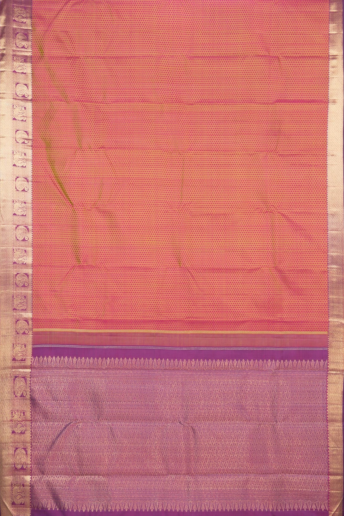 Flat view of Pure Silk Pure Zari Pinkish Yellow Dual Tone Kanchipuram Saree with Jacquard design on the body and Zari Border. 