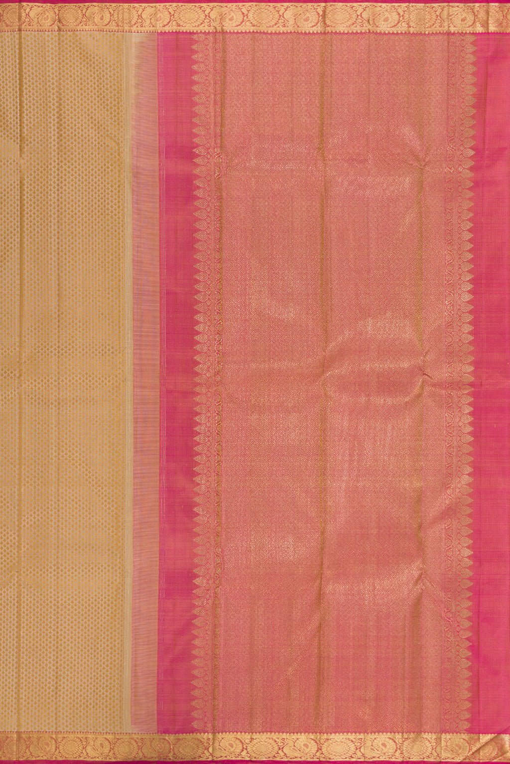 Close up image of the pallu of Pure Silk Pure Zari Beige Kanchipuram Saree with Jacquard design on the body and Zari Border. 