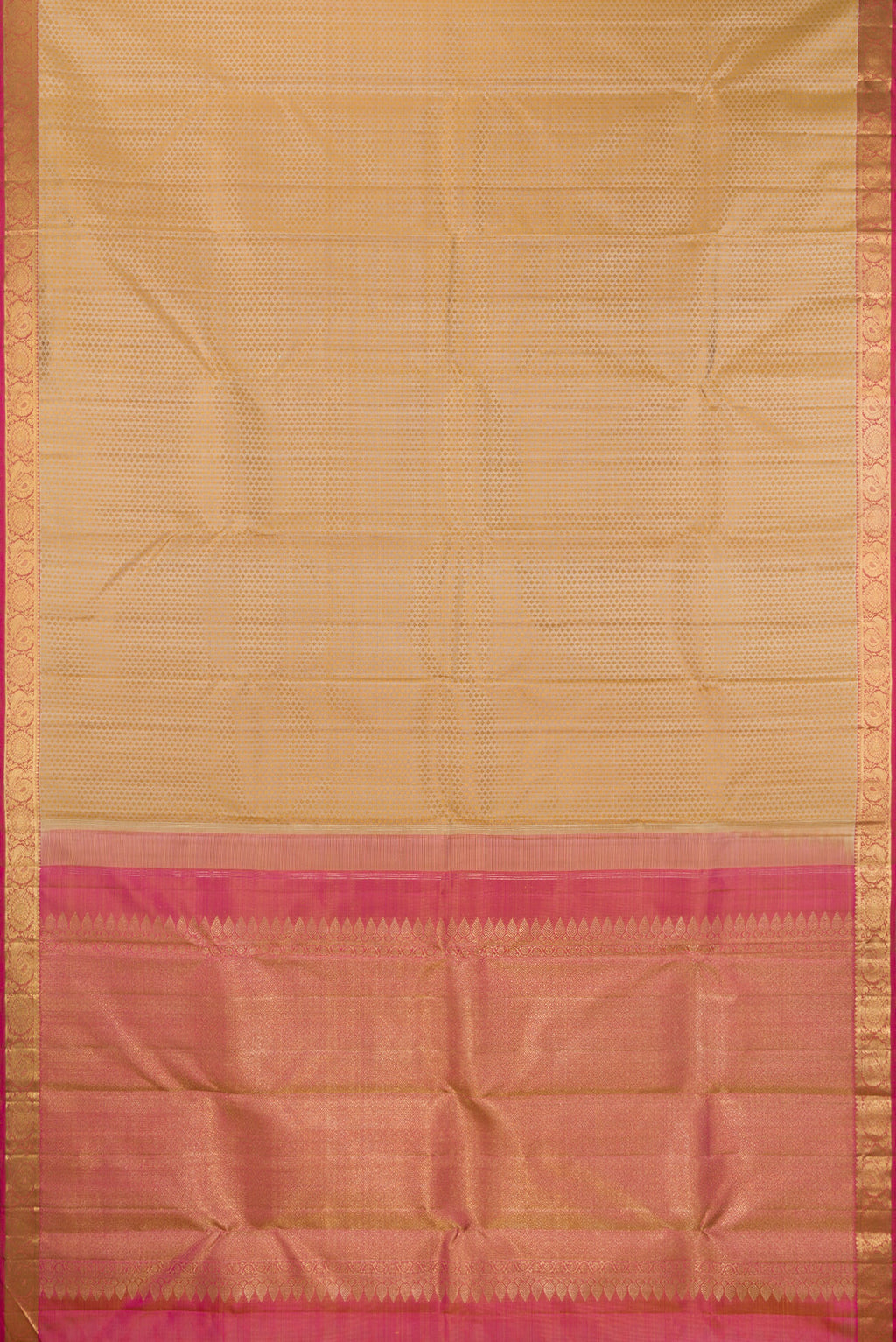 Flat view of Pure Silk Pure Zari Beige Kanchipuram Saree with Jacquard design on the body and Zari Border. 