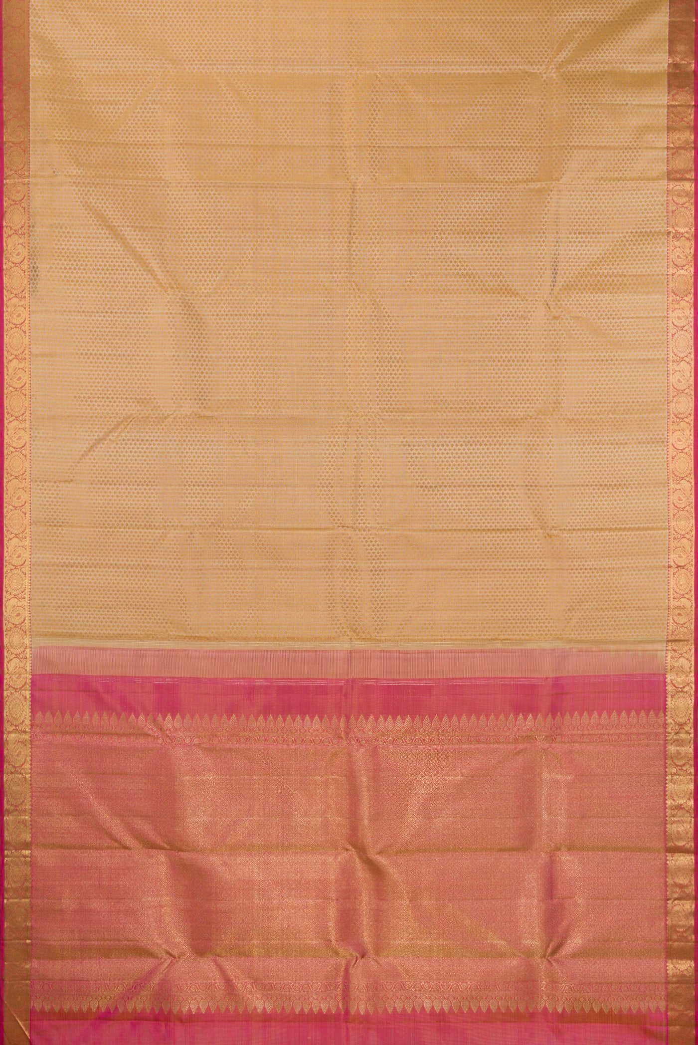 Flat view of Pure Silk Pure Zari Beige Kanchipuram Saree with Jacquard design on the body and Zari Border. 