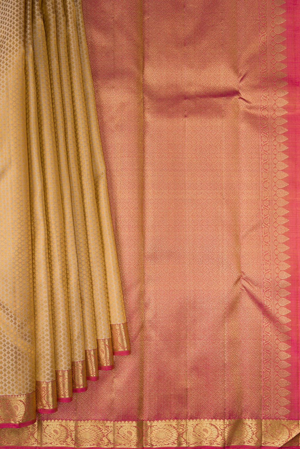 Pleats and pallu of Pure Silk Pure Zari Beige Kanchipuram Saree with Jacquard design on the body and Zari Border. 
