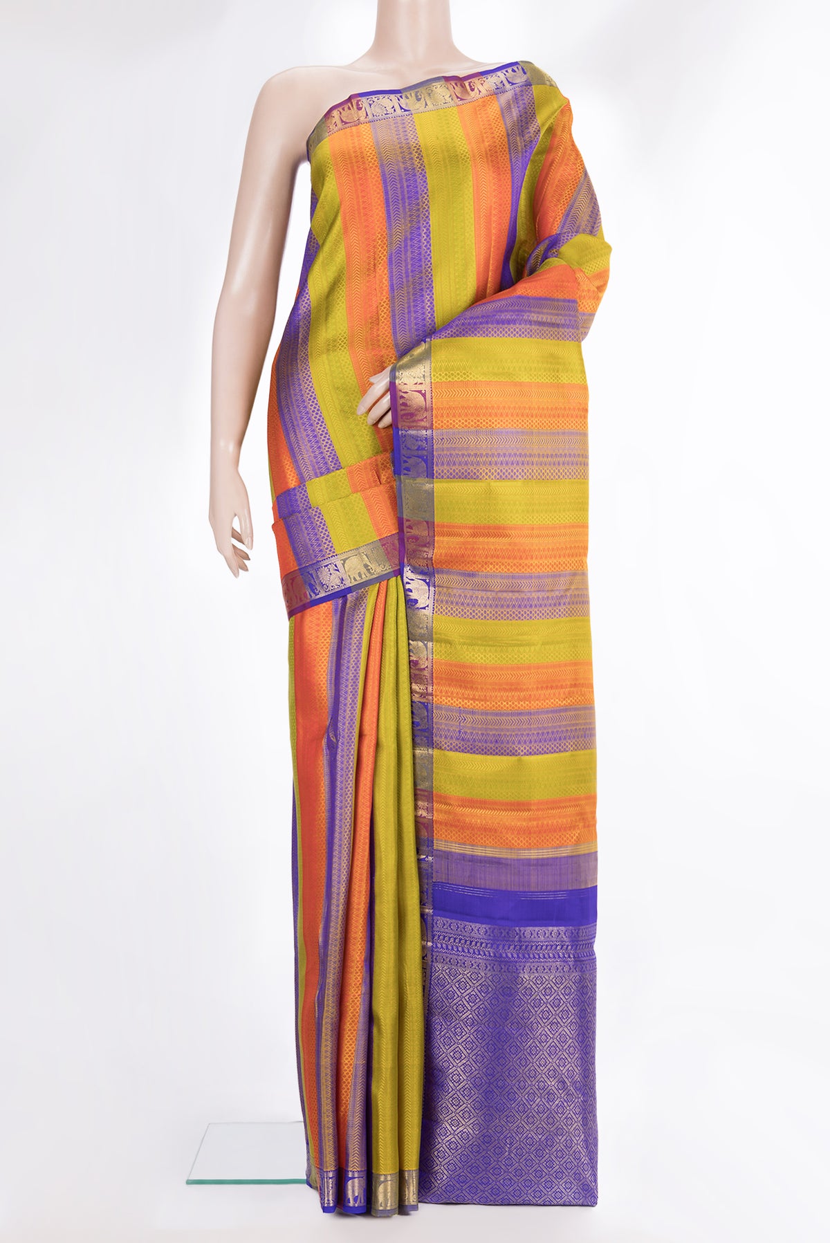 Pure Silk Multi Color Kanchipuram Saree with Jacquard design on the body and Zari Border.  displayed on a mannequin