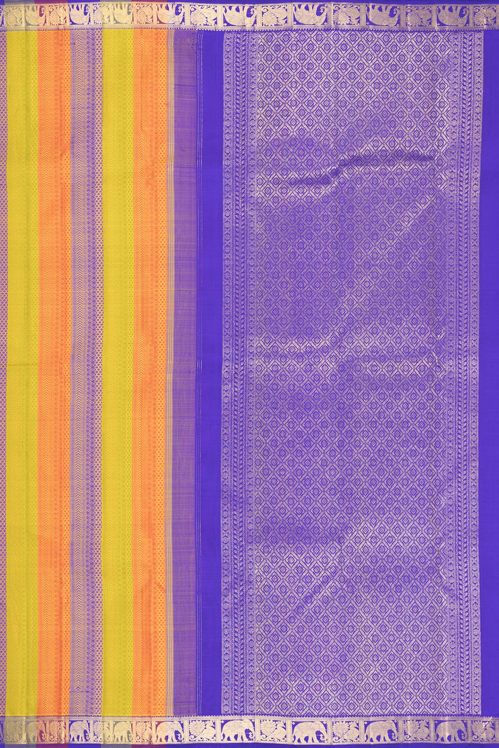 Close up image of the pallu of Pure Silk Multi Color Kanchipuram Saree with Jacquard design on the body and Zari Border. 