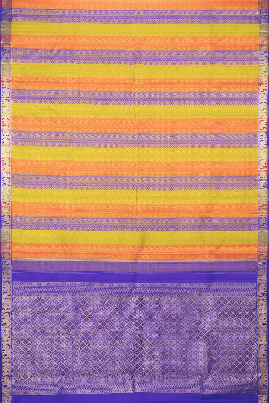 Flat view of Pure Silk Multi Color Kanchipuram Saree with Jacquard design on the body and Zari Border. 
