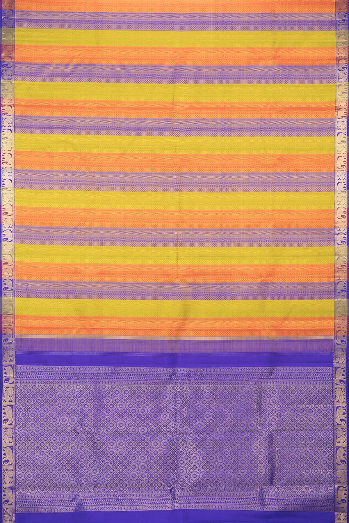Flat view of Pure Silk Multi Color Kanchipuram Saree with Jacquard design on the body and Zari Border. 