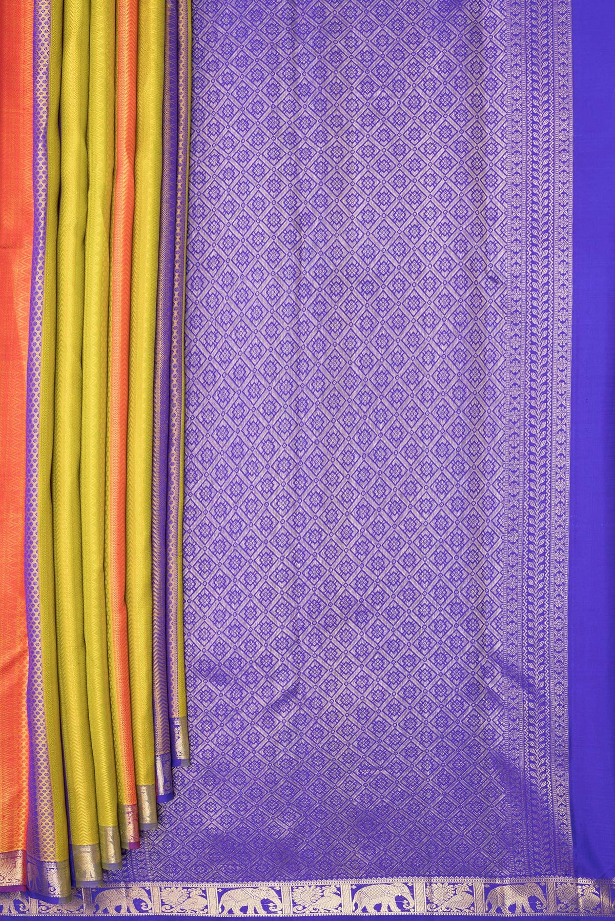Pleats and pallu of Pure Silk Multi Color Kanchipuram Saree with Jacquard design on the body and Zari Border. 