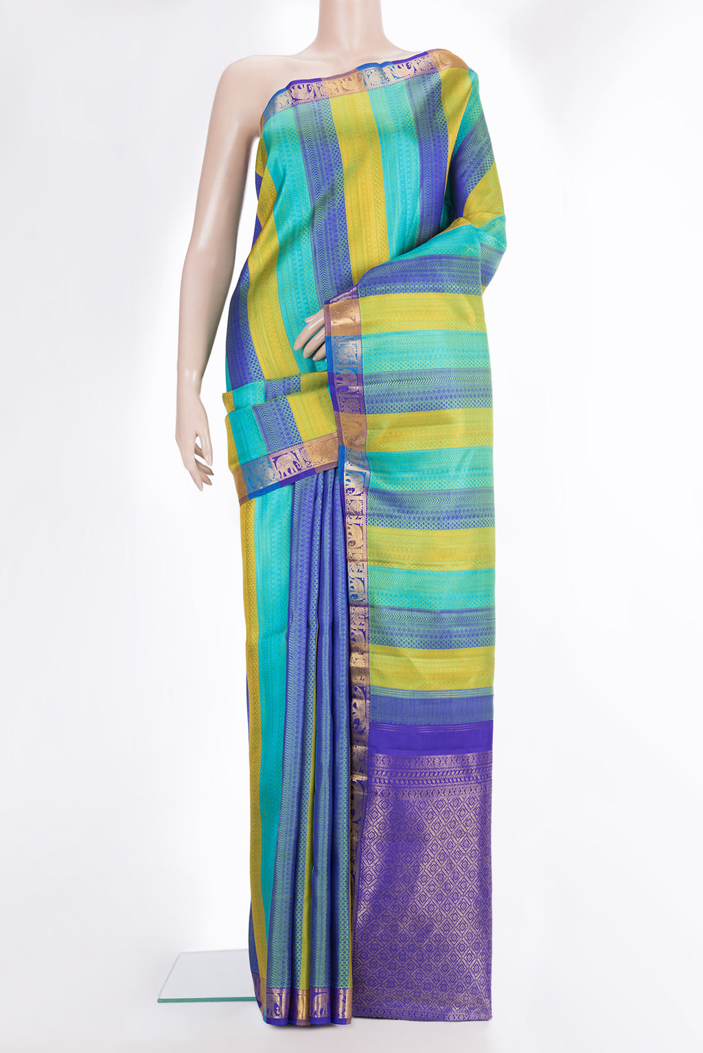 Pure Silk Multi Color Kanchipuram Saree with Jacquard design on the body and Zari Border.  displayed on a mannequin