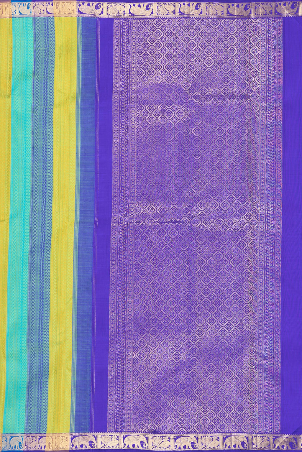 Close up image of the pallu of Pure Silk Multi Color Kanchipuram Saree with Jacquard design on the body and Zari Border. 