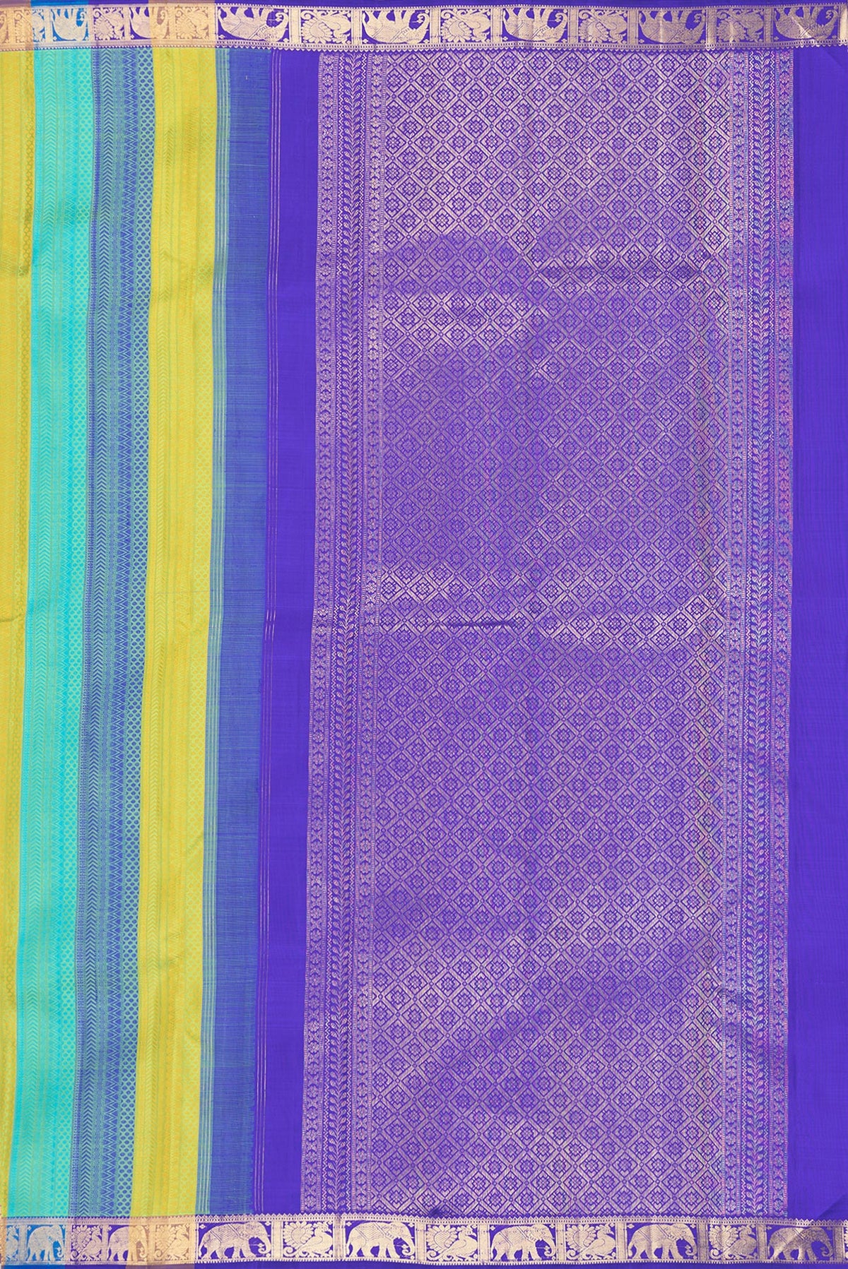 Close up image of the pallu of Pure Silk Multi Color Kanchipuram Saree with Jacquard design on the body and Zari Border. 