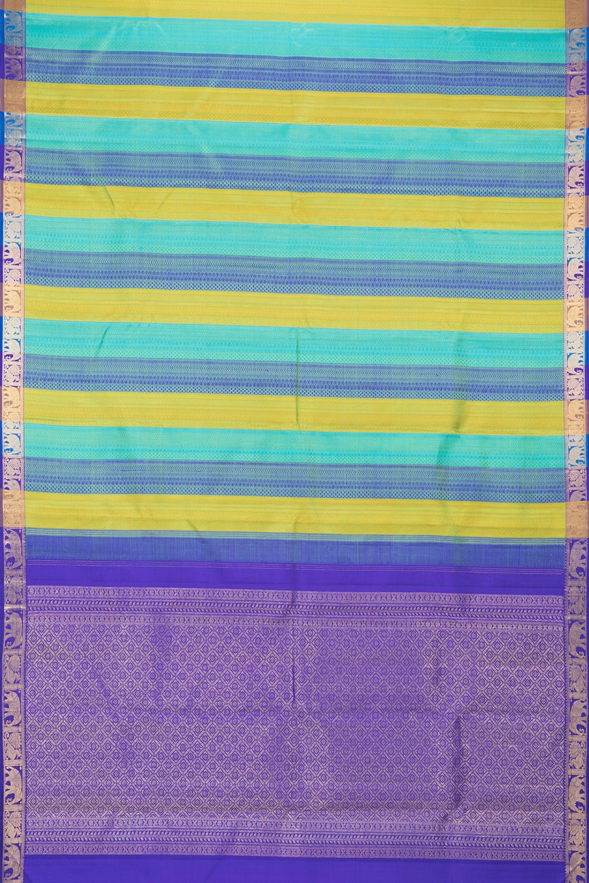 Flat view of Pure Silk Multi Color Kanchipuram Saree with Jacquard design on the body and Zari Border. 